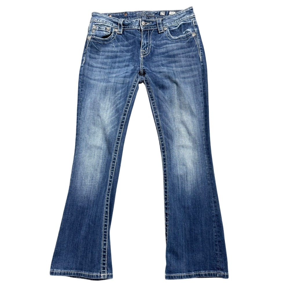 MISS ME Women 29 Blue Mid Rise Bootcut Embellished Rhinestone Embroidered Pocket